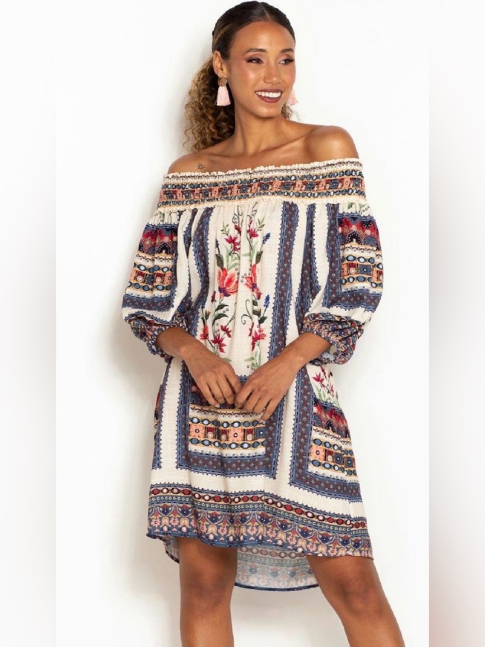 Farm Rio off shoulder lightweight floral pattern mini dress loose boho XS